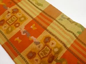 手織り紬ふくれ織横段に幾何学模様織出し名古屋帯